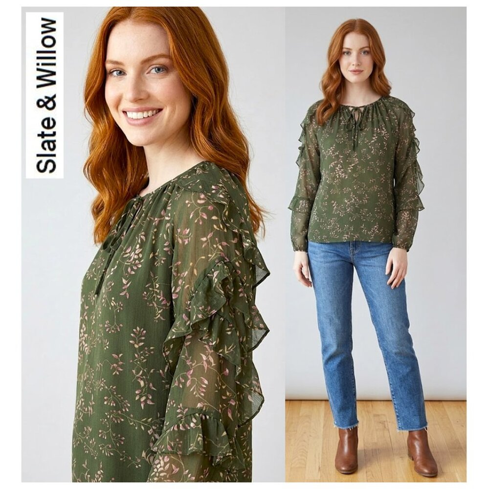 SLATE & WILLOW, Long sleeve floral green blouse